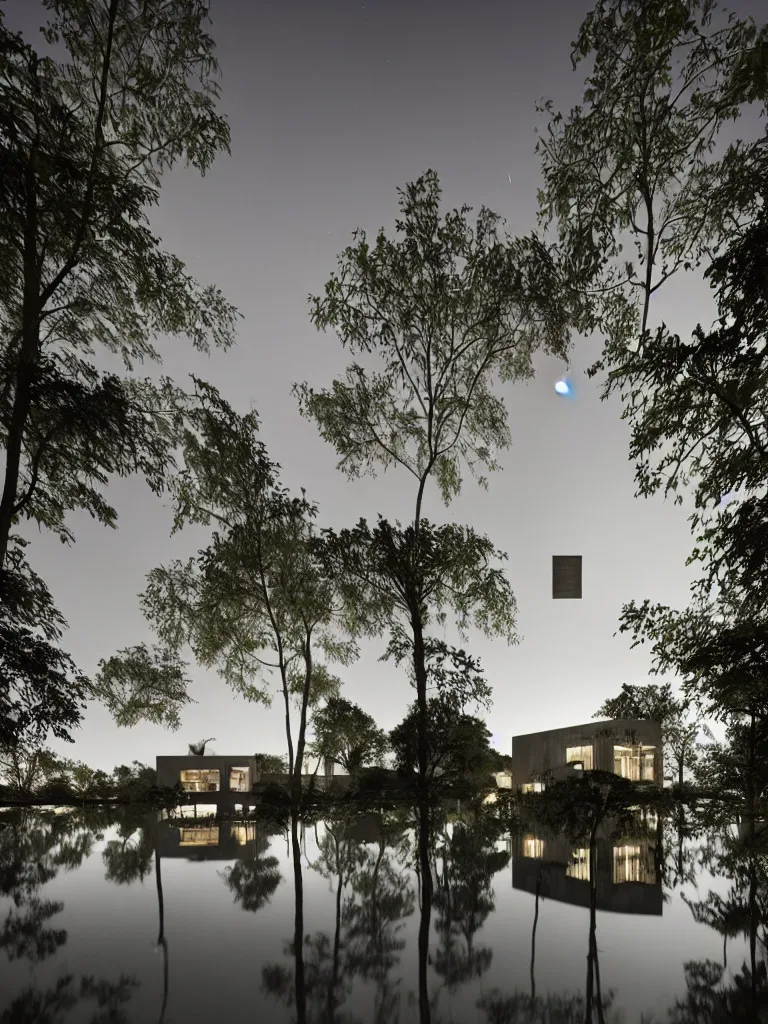 Prompt: a building hovering over a deserted oasis on a moonlit night in the style of peter merzbacher and jacek jerka, dim picturesque illumination of three - dimensional water bodies