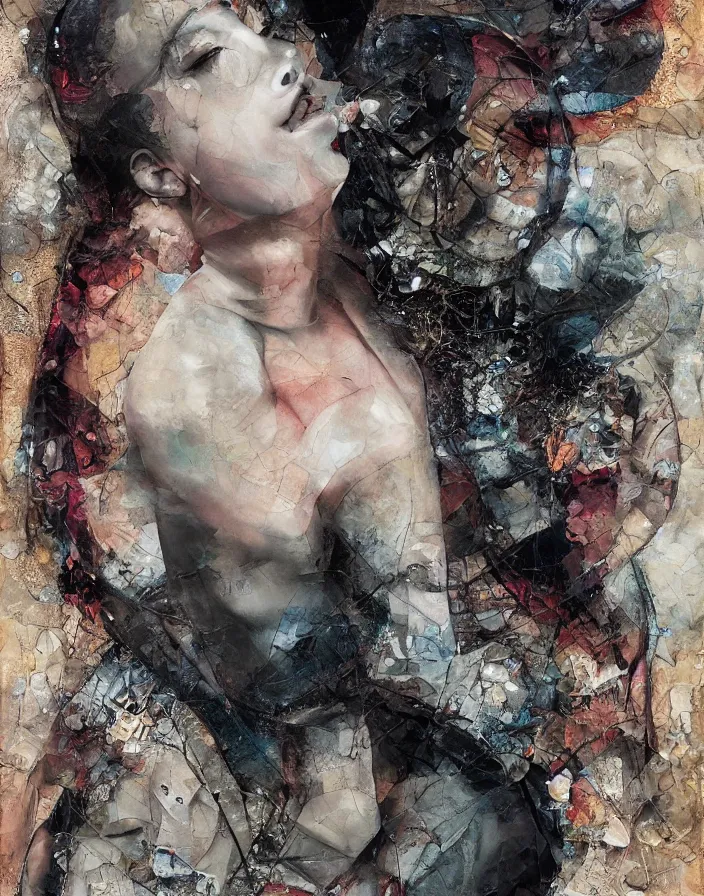 Prompt: languid celestial orgasm of sophisticated bodies detailed mixed media collage with canvas texture in style of contemporary art, punk art, hyperrealistic beautiful face, photorealism, expressionism, masterpiece, perfect composition, spectacular quality, intricate oil details, half - closed eyes, shattered glass