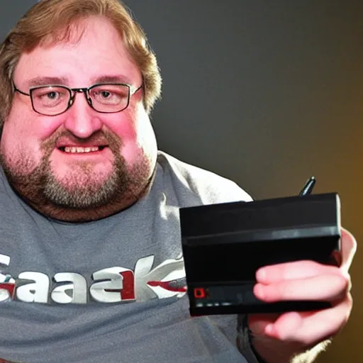 Image similar to Gabe Newell holding a Steam Deck