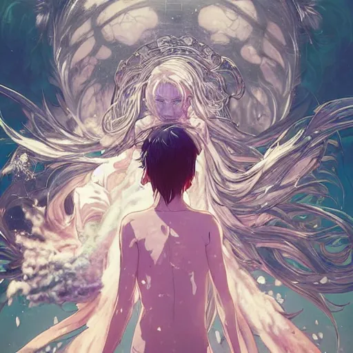 Image similar to god covered in bleach, with rhinestone eyes, covered in paralytic dreams, future pixels, illustration trending on artstation, anime. by hayao miyazaki and rossdraws and artgerm and greg rutkowski and alphonse mucha and studio ghibli and ilya kuvshinov. high quality, stunning, intricate detailed environment. 8 k