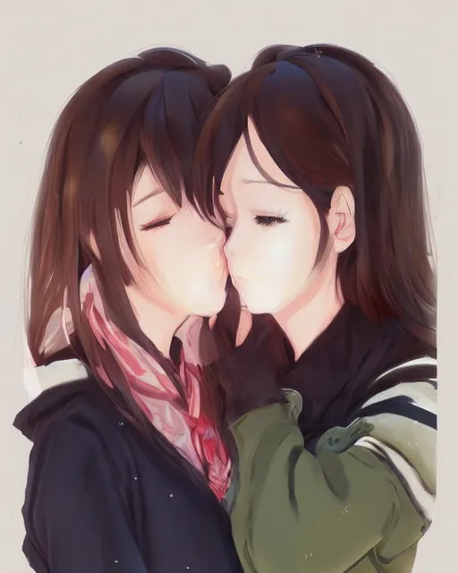 Image similar to portrait of two girls kissing, anime, drawn by WLOP, trending on Artstation