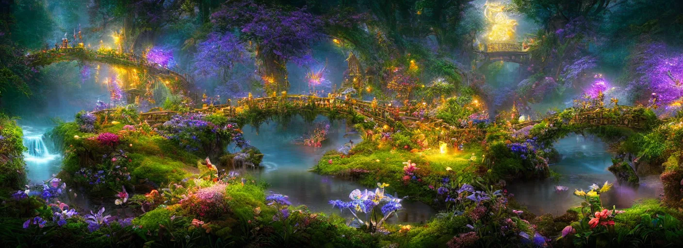 Prompt: photograph of enchanted garden, blue river in the middle, 1 glowing bridge crossing river, mystical fairies swooping around bridge, flowers with intricate detail, by marc adamus, highly detailed, intricate detail, cinematic lighting