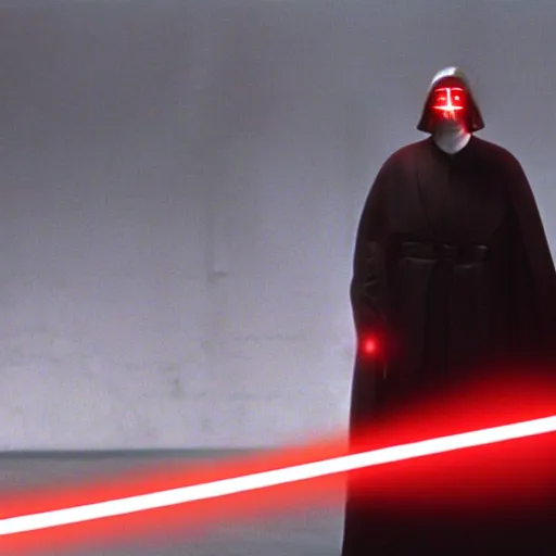 Image similar to mr. bean as darth sidious, holding a red light saber in star wars, film still, cinematic lighting, highly detailed