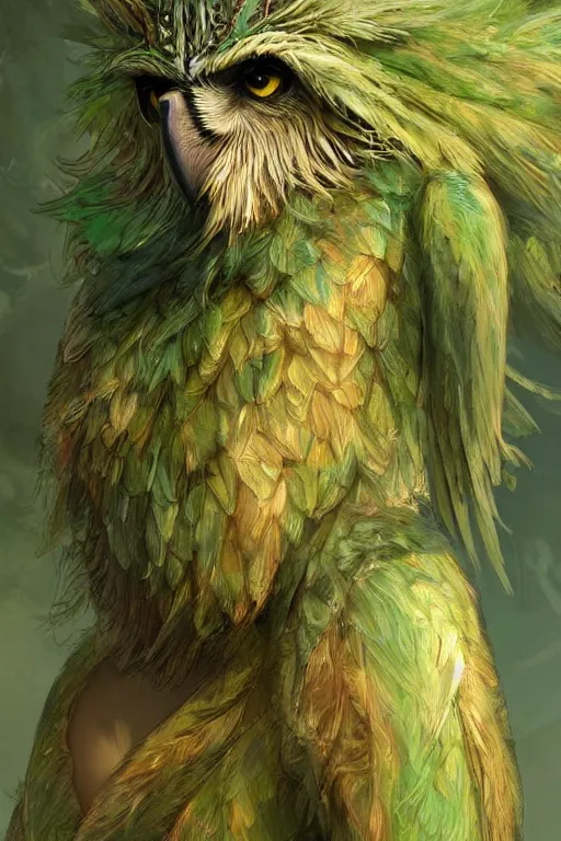 Prompt: a beautiful upper body shot from a fantasy film of a humanoid iridescent green owlbear wearing a loose tunic. an anthropomorphic phoenix. fantasy, frown, intricate, elegant, highly detailed, digital painting, artstation, concept art, matte, sharp focus, illustration, art by artgerm and greg rutkowski and alphonse mucha