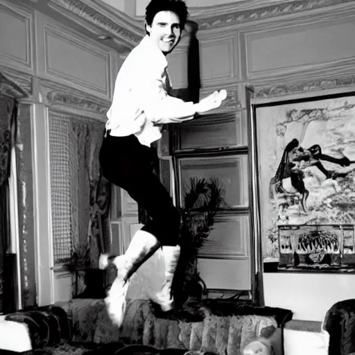 Image similar to tom cruise, 200 years old, jumping on a sofa