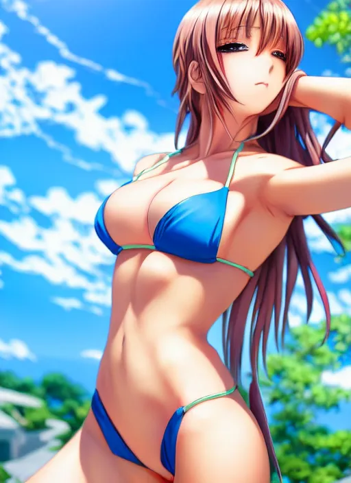 Image similar to photo of a gorgeous anime girl in bikini in the style of stefan kostic, realistic, half body shot, sharp focus, 8 k high definition, insanely detailed, intricate, elegant, art by stanley lau and artgerm, extreme bokeh foliage