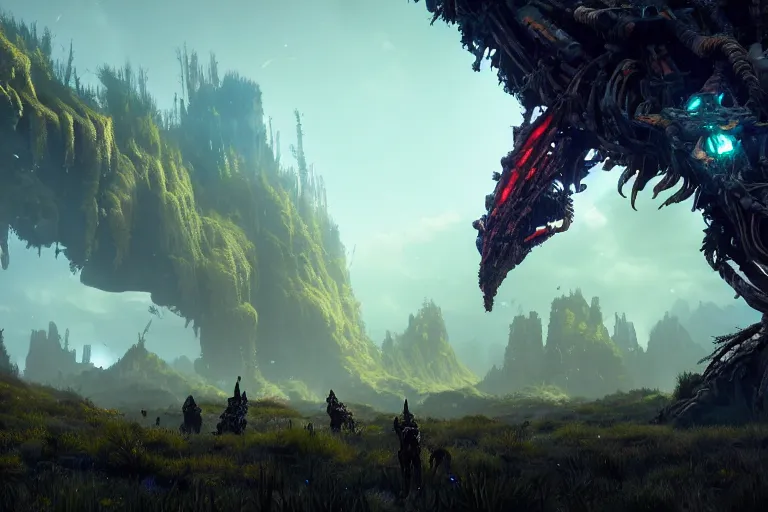 Image similar to wide epic shot from horizon forbidden west. a hyper detailed organic mechanic creatuve realistic similar look as horizon forbidden west horizon zero dawn, bioluminiscence in a dark deep forest at dawn in spring, with reflection and textures, by kilian eng, substance painter reaslitic mech surface metal painted scratches, world env from horizon forbidden west horizon zero dawn