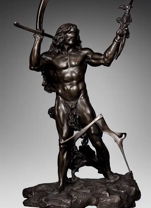 Image similar to a full figure bronze sculpture of conan the barbarian holding a sword by Rodin and Bernini