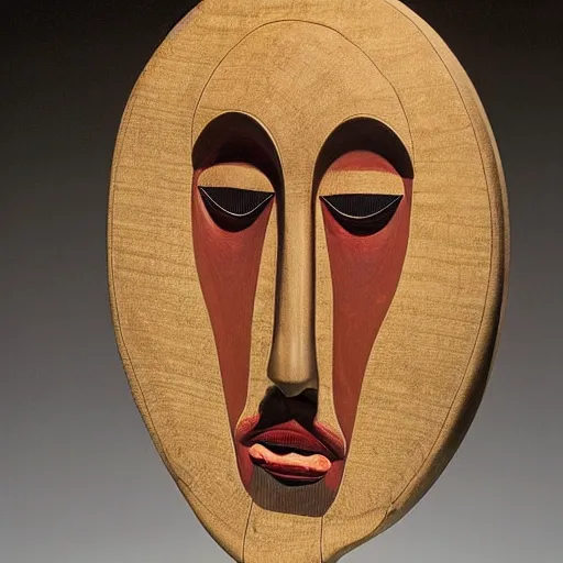 Prompt: A beautiful kinetic sculpture of a giant head. The head is bald and has a big nose. The eyes are wide open and have a crazy look. The mouth is open and has sharp teeth. The neck is long and thin. chestnut, Akkadian by Bruno Munari, by Kunisada fine