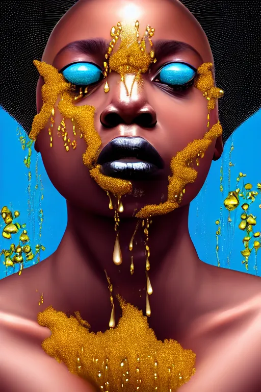 Prompt: hyperrealistic precisionist cinematic profile very expressive! black oshun goddess, in water! up to shoulders, mirror dripping droplet!, gold flowers, highly detailed face, digital art masterpiece, smooth eric zener cam de leon, dramatic pearlescent turquoise light on one side, low angle uhd 8 k, shallow depth of field, documentary photography