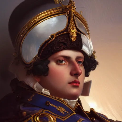 Image similar to portrait of divine emperor napoleon bonaparte, handsome, tall, dieselpunk steampunk napoleonic french baroque, metal shoulder pauldrons, intricate, highly detailed, digital painting, artstation, concept art, sharp focus, cinematic lighting, illustration, art by artgerm and greg rutkowski, alphonse mucha, cgsociety