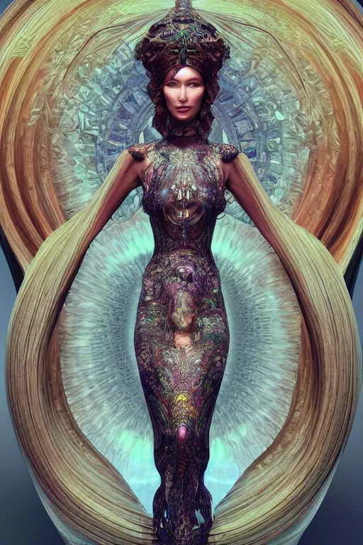 Image similar to a realistic portrait of a beautiful ancient alien woman goddess bella hadid standing in iris van herpen dress jewelery and fractals in style of alphonse mucha art nuvo dmt trending on artstation made in unreal engine 4