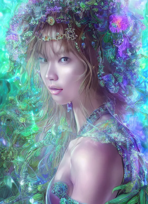 Prompt: portrait of a seductive Lalisa Manobal as a Celestial Goddess of a futuristic pearlescent holographic, captivating look, inside future fighter, sci-fi, fantasy, intricate, lush garden spaceship with sakura season flowers in Kyoto Japan, elegant, human anatomy, royal green and nature light, highly detailed, digital painting, artstation, concept art, smooth, sharp focus, illustration, art by tian zi and WLOP and alphonse mucha, masterpiece, 3d blender