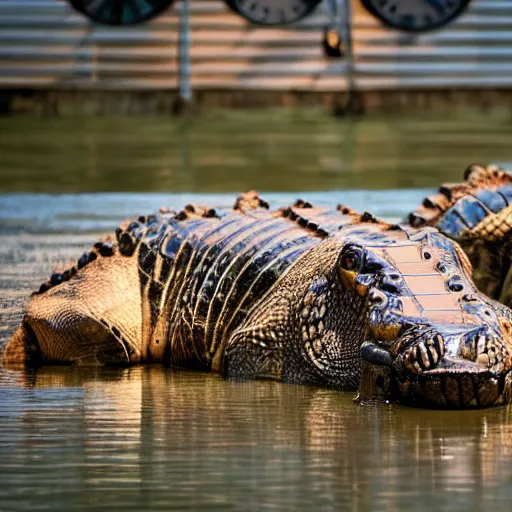 Prompt: man's face with clocks covering his eyes walking near lake with crocodiles, high detail, soft lighting, intricate, 8 k