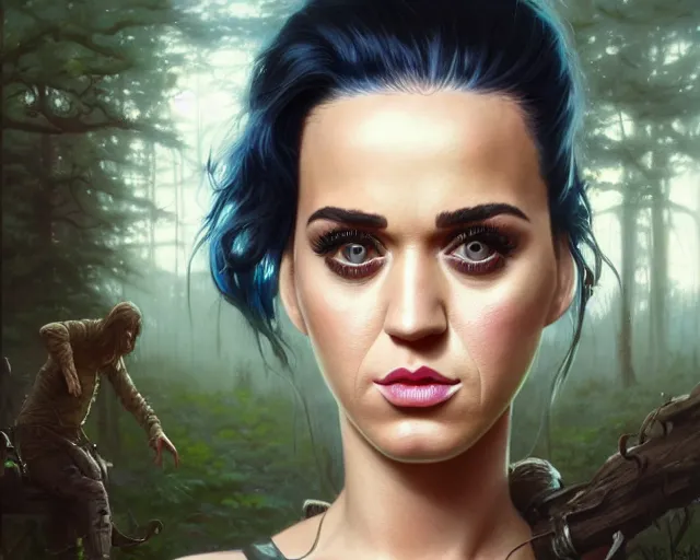 Image similar to highly detailed portrait of katy perry, in the walking dead, stephen bliss, unreal engine, fantasy art by greg rutkowski, loish, rhads, ferdinand knab, makoto shinkai and lois van baarle, ilya kuvshinov, rossdraws, tom bagshaw, global illumination, radiant light, detailed and intricate environment