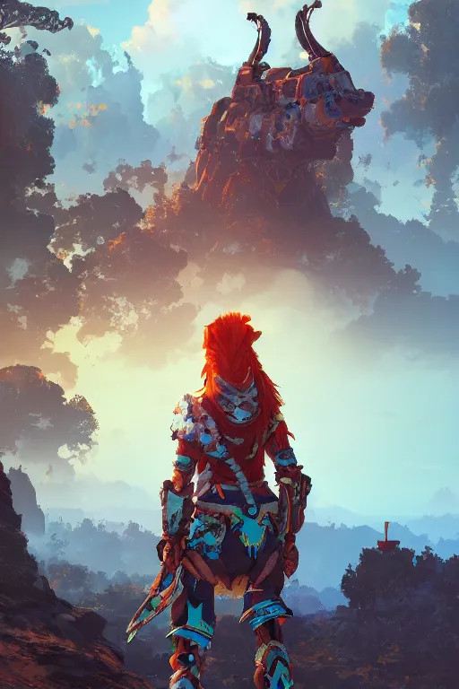 Image similar to combination suit armor aloy horizon forbidden west horizon zero dawn radiating a glowing aura global illumination ray tracing hdr fanart arstation by ian pesty and alena aenami artworks in 4 k tribal robot ninja mask helmet backpack