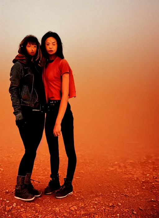 Image similar to cinestill 5 0 d photographic portrait of two loving androids, beautiful women wearing rugged black techwear on a desolate plain with a red sky, extreme closeup, lizard on ground, cyberpunk style, in front of a brutalist dark metal facility, dust storm, 3 5 mm, 8 k, f / 3 2, high resolution, ultra realistic faces