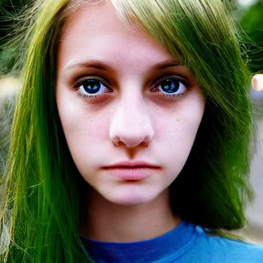 Prompt: brunette with dyed blonde hair, 15 years old, 155 cm tall, long flat hair, blonde, green big eyes, small nose, small mouth, round shaped face, big forehead, lop eared, full body shot, thin eyebrows, real life photograph