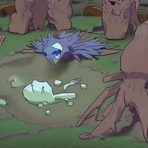 Image similar to a dead decomposing corpse in pokemon, distant view, anime screencaps, 720p