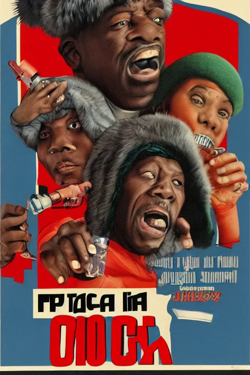 Prompt: poster the movie 1 9 8 8 ussr don't be a menace to south central while drinking your juice in the hood, perfect symmetrical eye, gray fur hat soviet soviet russian winter fur cap with earflaps ushanka, vodka kremlin babushka communist