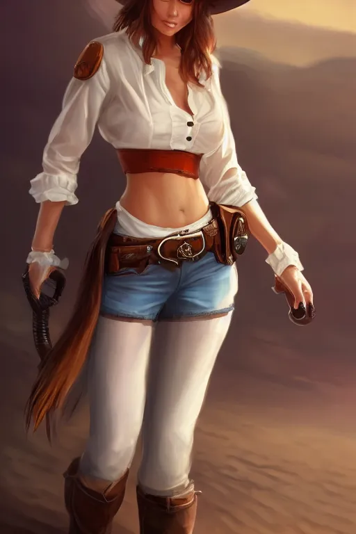 Image similar to full body, female cowgirl, perfect face, white blouse, holster, 8 k, magic the gathering, desert, d & d, artstation, high detail, smooth, sweaty