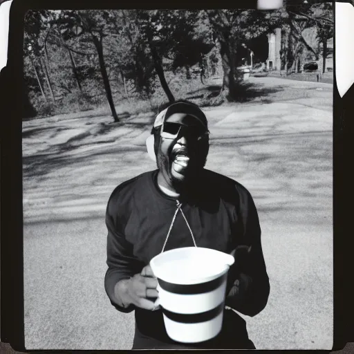 Prompt: retro 90s granular polaroid outdoors photo of an African American rapper, laughing, drinking from a plastic cup, flash photography, image artifacts