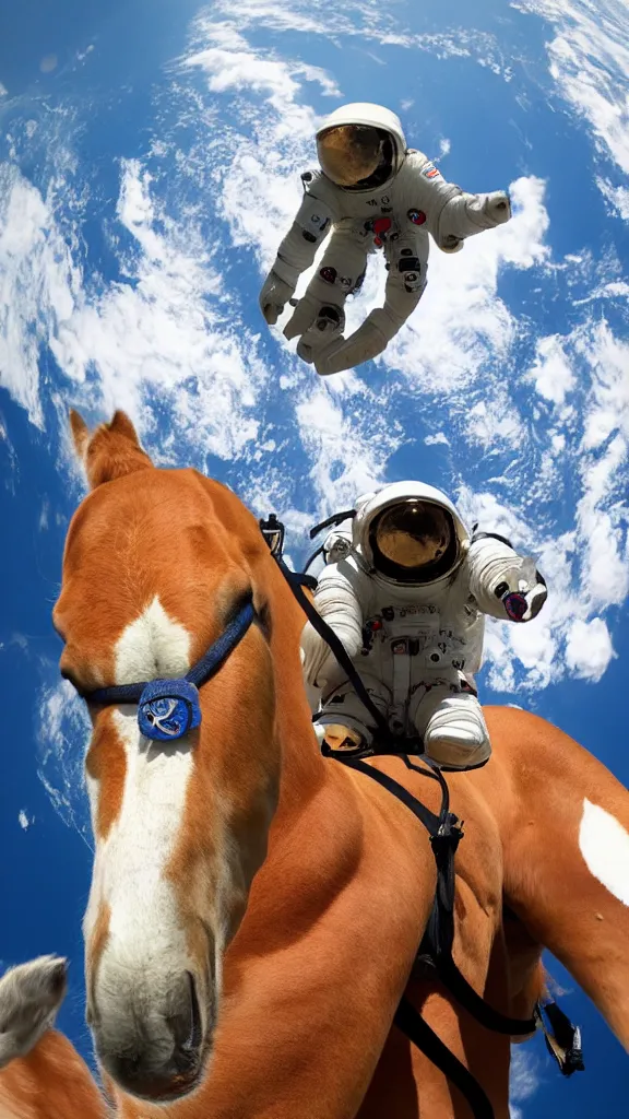 Image similar to astronaut takes a selfie, horse behind his back, a horse in the background, a horse riding an astronaut, no gravity, a horse on the back of an astronaut, small horse, huge astronaut, cinematic, fantasy, low angle, from below