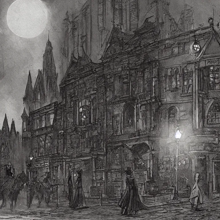 Prompt: A photo of a gothic Pizza Hut in a victorian city, a Bloodborne character is walking away with a pizza, night, lit by lamplight