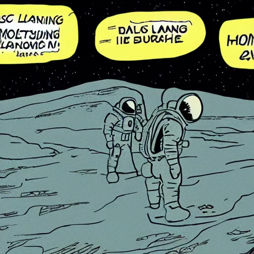 Prompt: the first landing on the moon, comic by herge