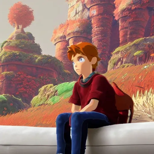 Prompt: Little red-head boy sitting in front of a white sofa. Miyazaki, Nausicaa Ghibli, Breath of The Wild, epic composition