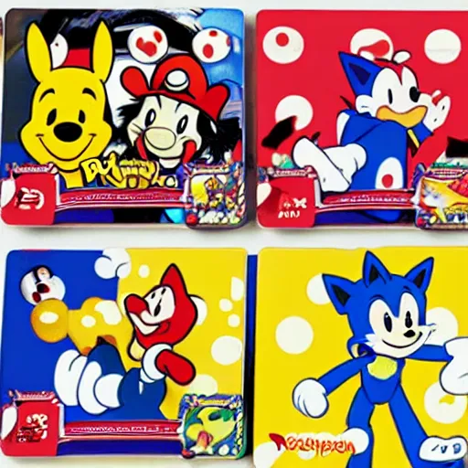 Image similar to photograph of winnie the pooh and super mario and sonic the hedgehog anime style, on pokemon card packs at target