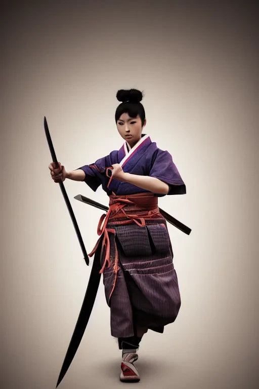 Image similar to highly detailed beautiful photo of a young female samurai, practising sword stances in a temple, symmetrical face, beautiful eyes, realistic anime art style, 8 k, award winning photo, pastels, action photography, 1 / 1 2 5 shutter speed, dramatic lighting