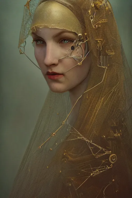 Image similar to a beautiful ultradetailed vintage photo of a veiled cybernetic cyborg, by tom bagshaw and james christensen, embroidered lace chapel veil, portrait, cybernetic implants, vignette, 3 5 mm lens, golden ratio composition, detailed face, studio photography, very detailed, humanoids, mechanical robotic armor, masterpiece!, artstation, 8 k, highly coherent