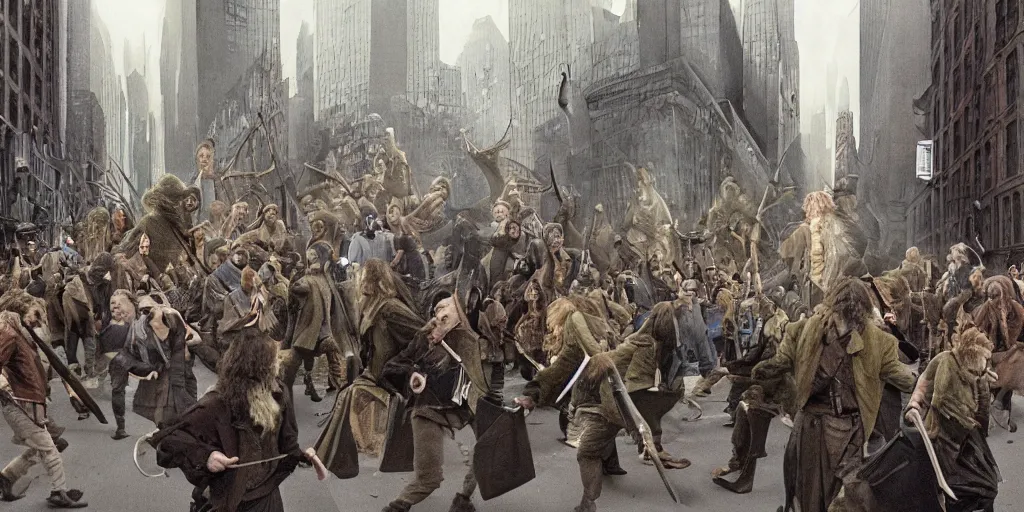 Image similar to hobbits rioting in the streets of new york, surrealism aesthetic, detailed facial expressions