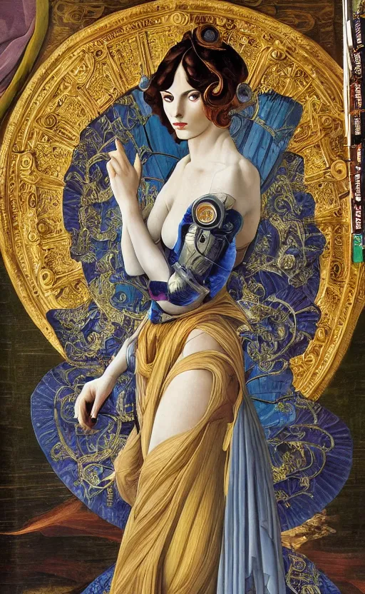 Prompt: beautifully painted mural of a stunning young cyborg muse in ornate royal garment, transparent linen fabric, space opera, beautiful ornaments, highly detailed, glowing eyes, sci fi setting, vogue cover poses, fashion magazine, mural in the style of sandro botticelli, caravaggio, albrecth durer