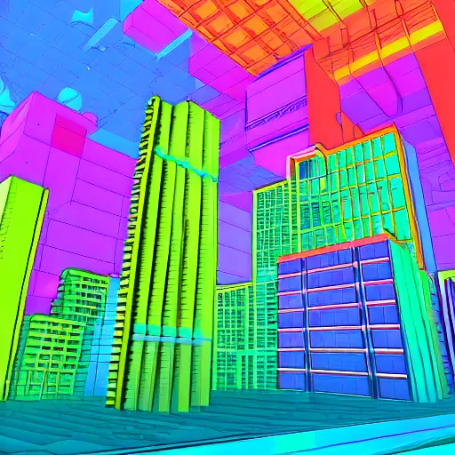 Prompt: futuristic city rainbow colours in the style of escher