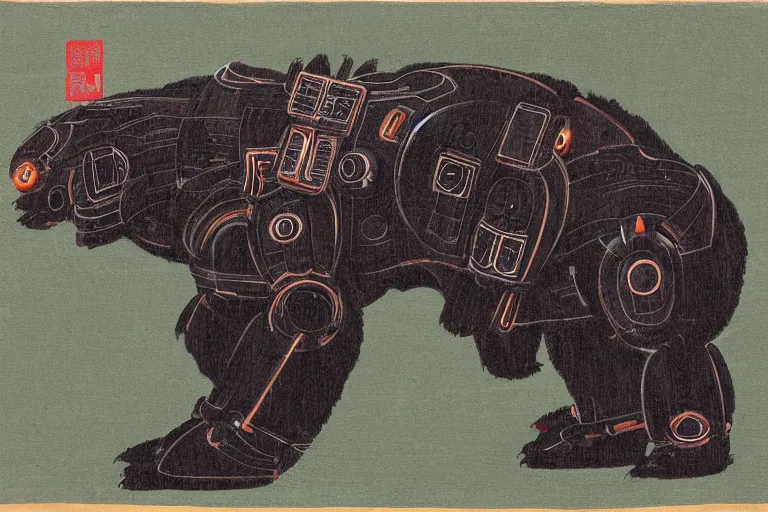 Image similar to Butouha painting of a robotic asian black bear, half robot half bear, mecha bear, biconical bear, super detailed, in the style of Tenmyouya Hisashi Japanese Spirit No.14