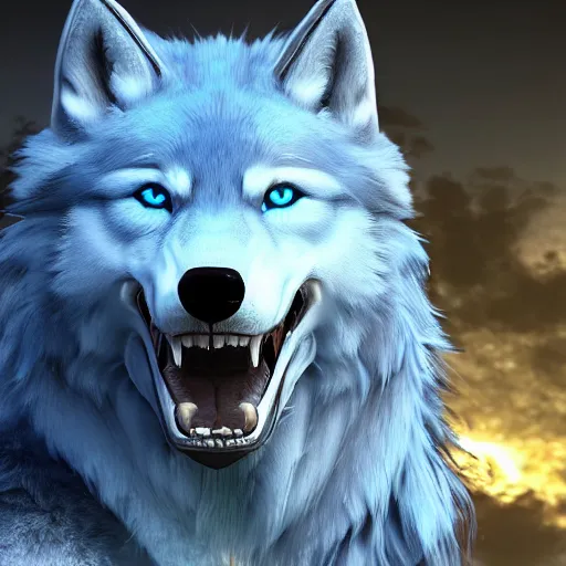 Prompt: a giant blue wolf with a white main and two unicorn horns, a white star shape on its forehead, yellow eyes, beautiful, ultra realistic, great wolf, unreal engine 5, dynamic lighting, highly detailed, lightning around