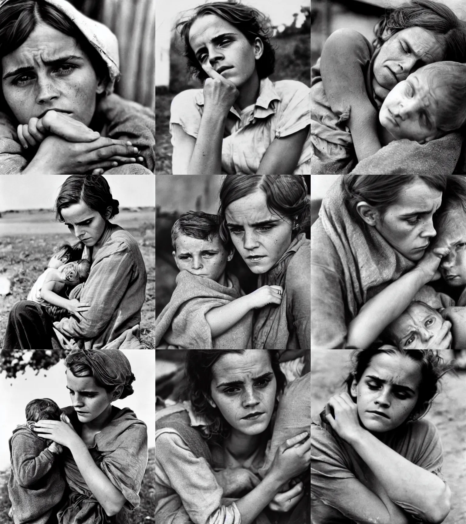 Prompt: Old, wrinkled exhausted Emma Watson as migrant mother, 1936 photo by Dorothea Lange