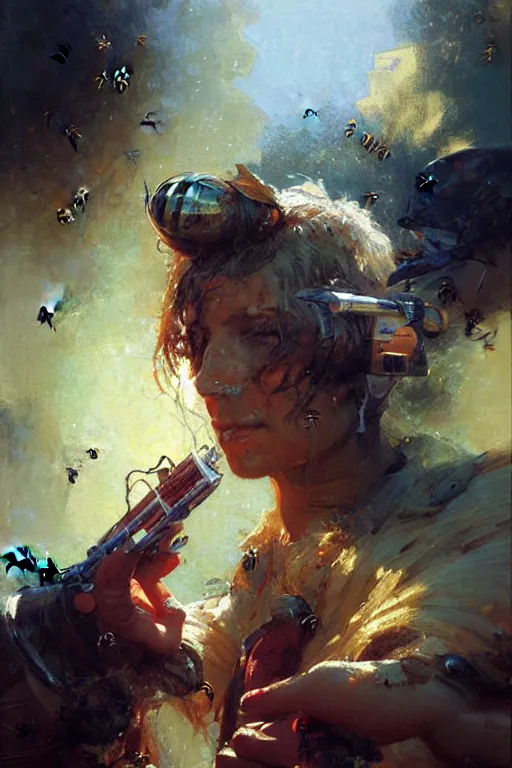 Prompt: bees in the car at mcdonald ’ s portrait dnd, painting by gaston bussiere, craig mullins, greg rutkowski, yoji shinkawa