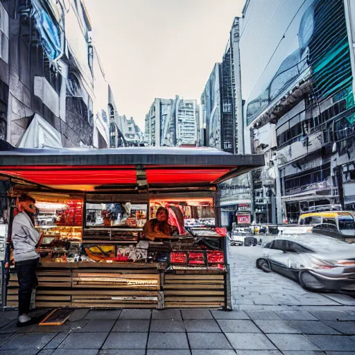 Image similar to a photo of a futuristic market stall at a street corner from the film'minority report'taken from a distance, dslr