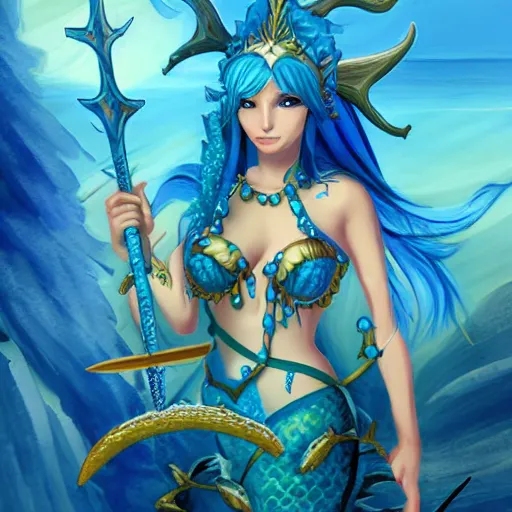 Prompt: blue fantasy mermaid warrior holding a sharp trident, sea background with sea weeds and small sea creatures, fantasy game art, fantasy rpg, league of legends
