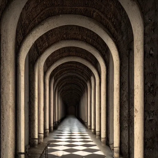 Image similar to a long littered asylum hallway, arched ceiling, one point perspective, vanishing point, symmetrical composition, rich colors, dramatic lighting, by lee madgwick, photorealistic, v - ray render 8 k uhd