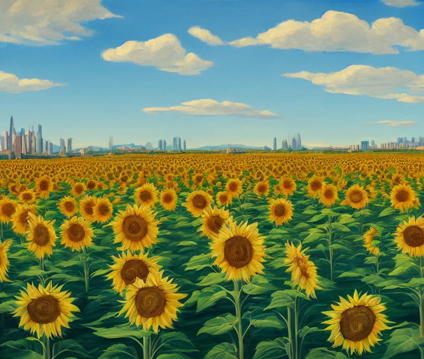 Image similar to a very detailed painting of a sunflower field, baby blue sky with very aesthetic stylized clouds, there is a big city with futuristic buildings in the back, there are mountains in the back, in the style of edward hopper and hugo pondz, very fine brushstrokes, 4 k,