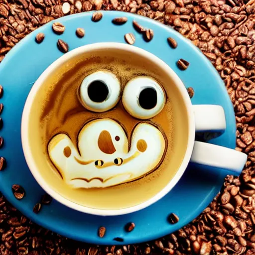 Image similar to little cute sea monster in my morning coffee, close-up photograph, award winning