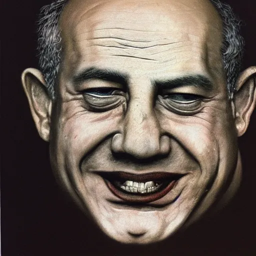 Image similar to a portrait of benjamin netanyahu grinning, by beksinski