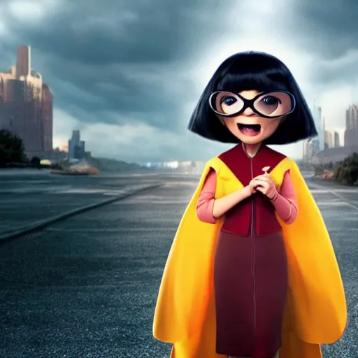 Prompt: a still of angry Edna Mode wearing a cape, Pixar (2018)