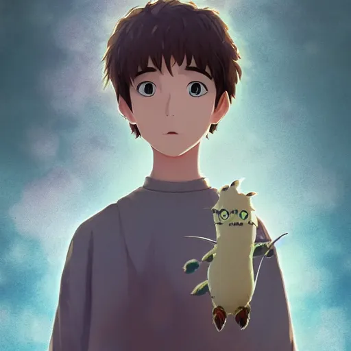 Image similar to young boy and ghibli creature , with Fragile looking character portrait face made by Studio Ghibli highly detailed art, beautiful scene, sharp focus, smooth,fantasy, 8k, anime art