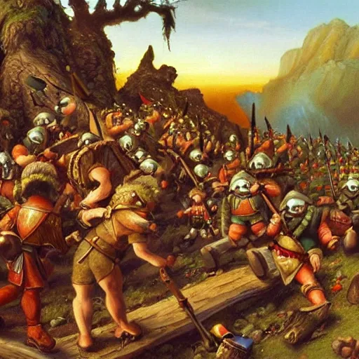 Prompt: an epic gnome battle scene, the attack of suicide dwarves, a detailed oil painting by William Byrd, the Battell style