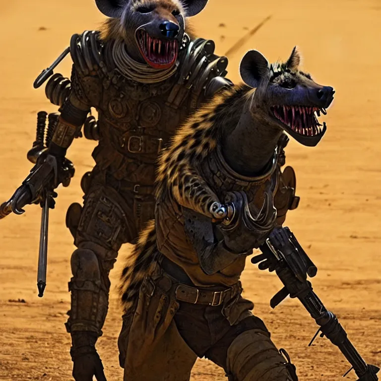 Image similar to a good ol'hyena fursona ( from the furry fandom ), heavily armed and armored facing down armageddon in a dark and gritty version from the makers of mad max : fury road. witness me.